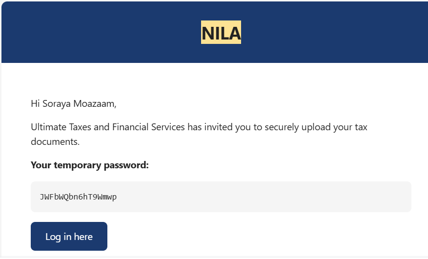 Secure email invitation sent to client by NILA